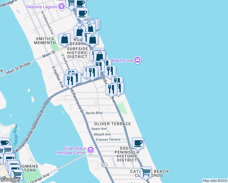 map of restaurants, bars, coffee shops, grocery stores, and more near 359 South Atlantic Avenue in Daytona Beach