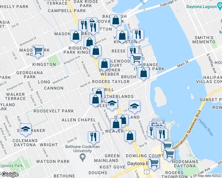 map of restaurants, bars, coffee shops, grocery stores, and more near 515 North Ridgewood Avenue in Daytona Beach