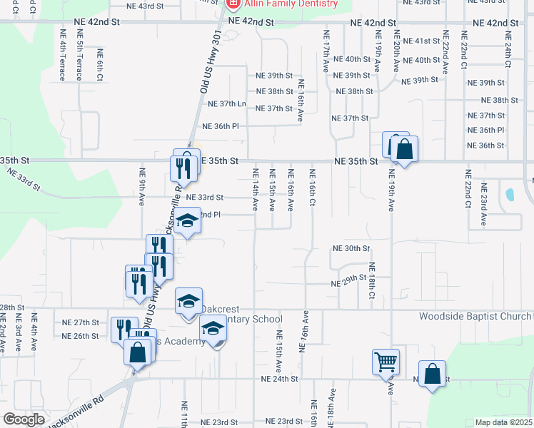 map of restaurants, bars, coffee shops, grocery stores, and more near 3210 NE 15th Ave in Ocala