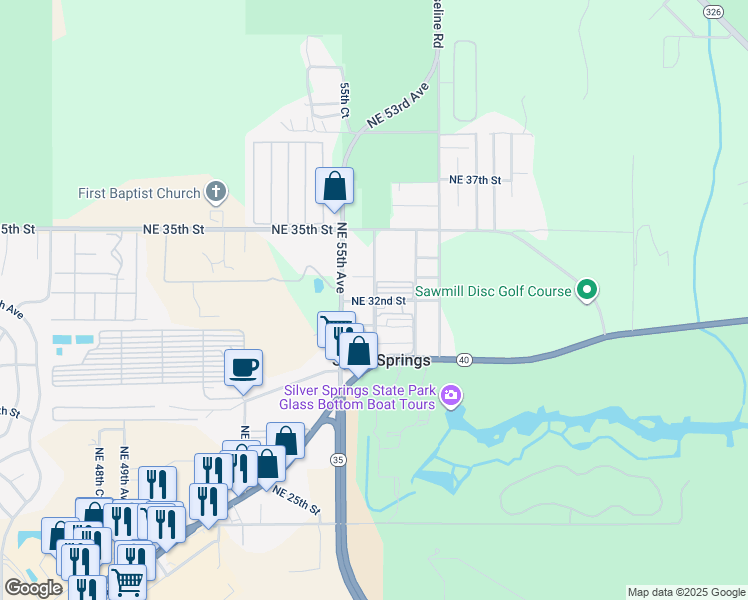 map of restaurants, bars, coffee shops, grocery stores, and more near 5601 Northeast 32nd Street in Silver Springs