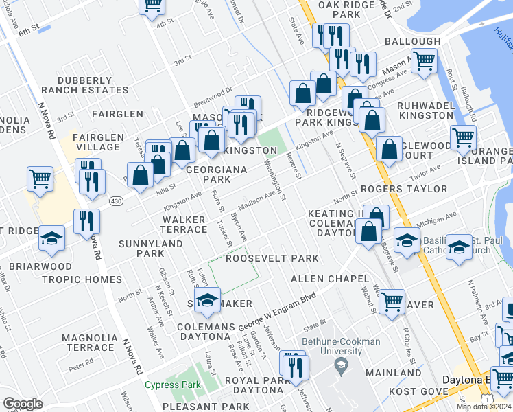 map of restaurants, bars, coffee shops, grocery stores, and more near 626 Cannon Street in Daytona Beach