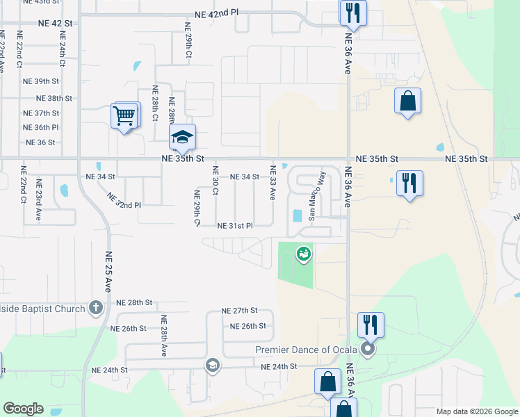map of restaurants, bars, coffee shops, grocery stores, and more near 3220 Northeast 33rd Avenue in Ocala
