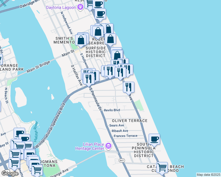 map of restaurants, bars, coffee shops, grocery stores, and more near 500 Vermont Avenue in Daytona Beach