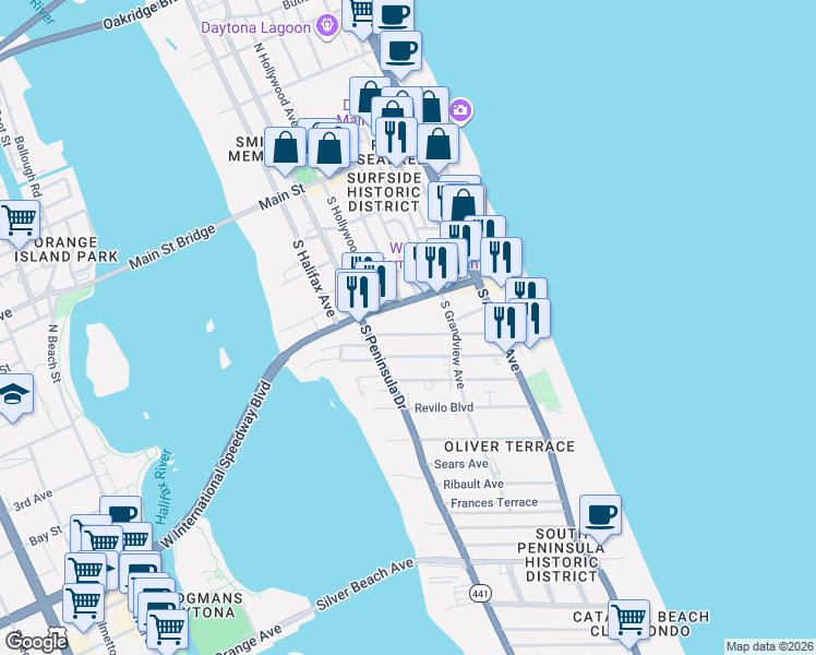 map of restaurants, bars, coffee shops, grocery stores, and more near 318 Vermont Avenue in Daytona Beach