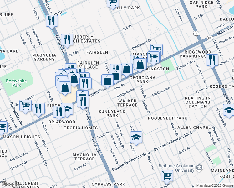 map of restaurants, bars, coffee shops, grocery stores, and more near 841 Kingston Avenue in Daytona Beach