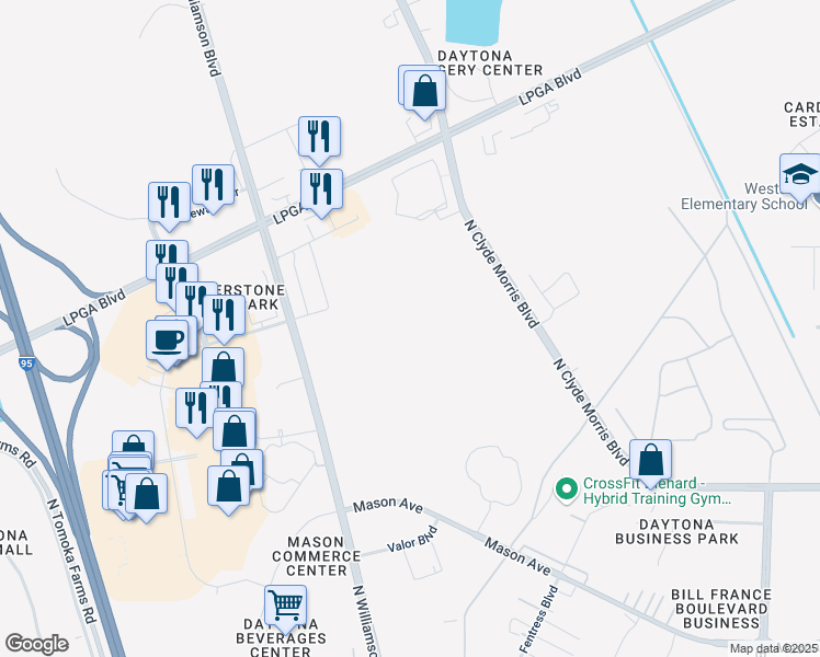 map of restaurants, bars, coffee shops, grocery stores, and more near 1321 North Williamson Boulevard in Daytona Beach