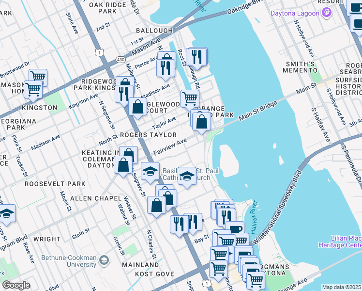 map of restaurants, bars, coffee shops, grocery stores, and more near 129 Michigan Avenue in Daytona Beach