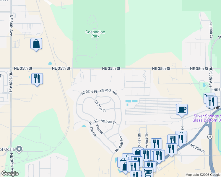 map of restaurants, bars, coffee shops, grocery stores, and more near 4570 Northeast 35th Street in Ocala