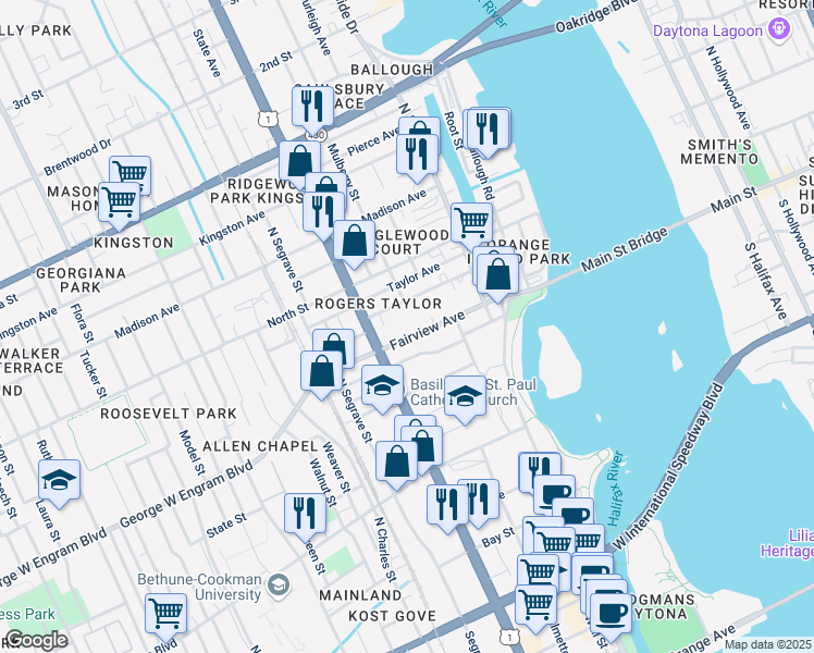 map of restaurants, bars, coffee shops, grocery stores, and more near 228 Fairview Avenue in Daytona Beach