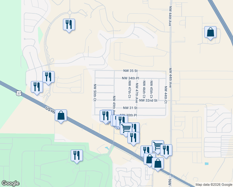 map of restaurants, bars, coffee shops, grocery stores, and more near 4897 Northwest 32nd Street in Ocala