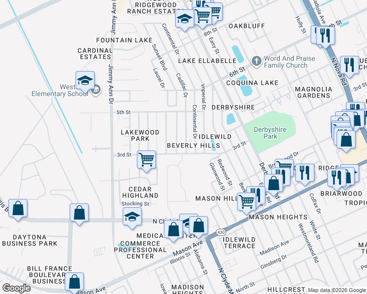 map of restaurants, bars, coffee shops, grocery stores, and more near in Daytona Beach