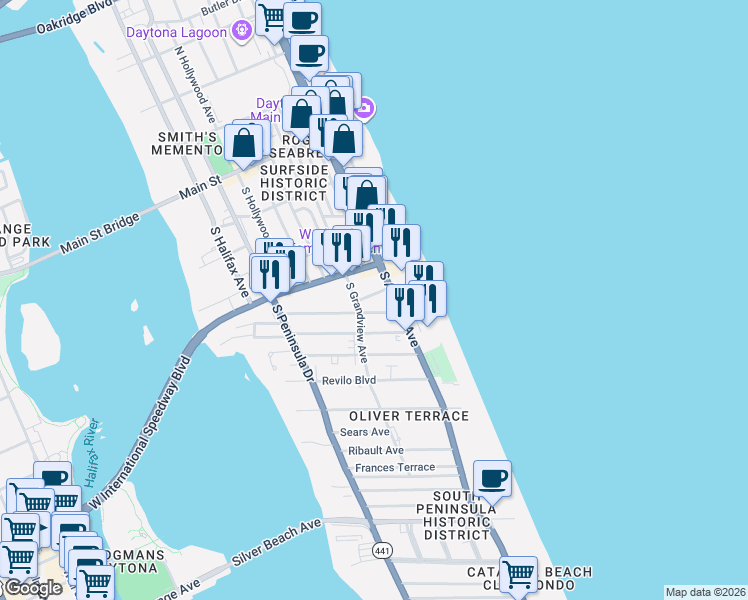 map of restaurants, bars, coffee shops, grocery stores, and more near 612 Vermont Avenue in Daytona Beach