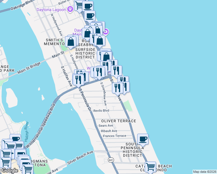 map of restaurants, bars, coffee shops, grocery stores, and more near 612 Vermont Avenue in Daytona Beach