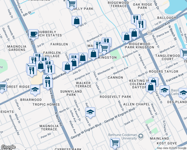 map of restaurants, bars, coffee shops, grocery stores, and more near 700 Flora Street in Daytona Beach