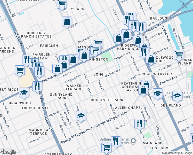 map of restaurants, bars, coffee shops, grocery stores, and more near 711 Madison Avenue in Daytona Beach