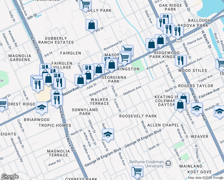 map of restaurants, bars, coffee shops, grocery stores, and more near 700 Flora Street in Daytona Beach