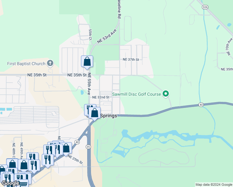 map of restaurants, bars, coffee shops, grocery stores, and more near 5730 Northeast 32nd Street in Silver Springs