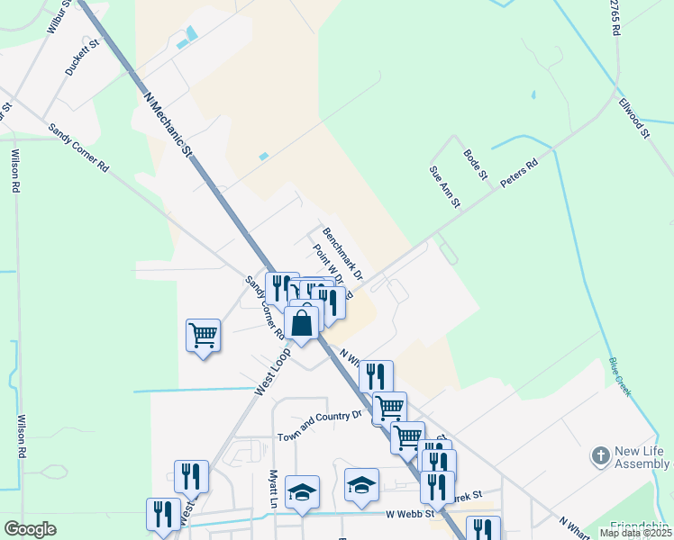 map of restaurants, bars, coffee shops, grocery stores, and more near 205 Farm to Market Road 2765 in El Campo