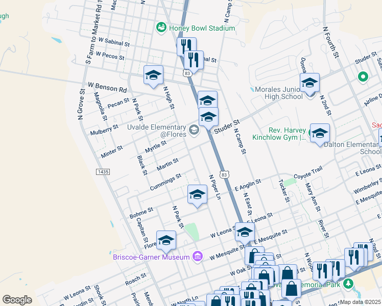 map of restaurants, bars, coffee shops, grocery stores, and more near 828 North High Street in Uvalde