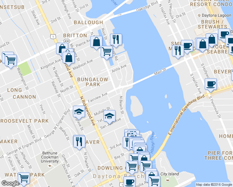 map of restaurants, bars, coffee shops, grocery stores, and more near 436 N Beach St in Daytona Beach