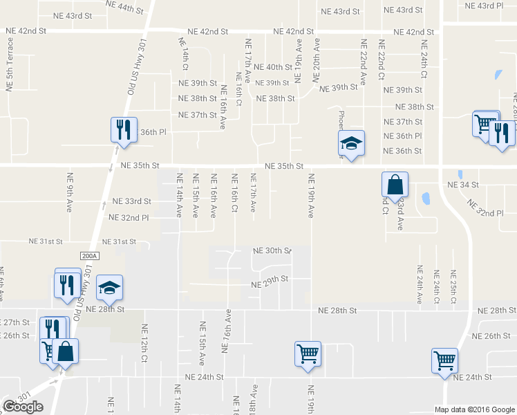 map of restaurants, bars, coffee shops, grocery stores, and more near 3281 Northeast 17th Avenue in Ocala