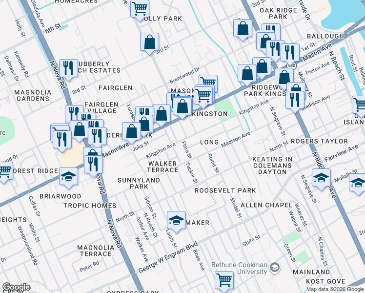 map of restaurants, bars, coffee shops, grocery stores, and more near 721 Kingston Avenue in Daytona Beach