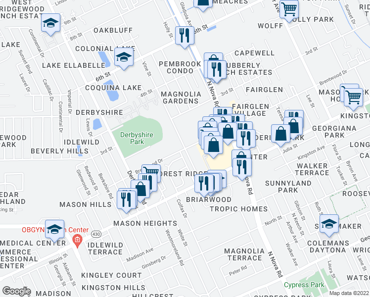 map of restaurants, bars, coffee shops, grocery stores, and more near 1000 Vine St in Daytona Beach