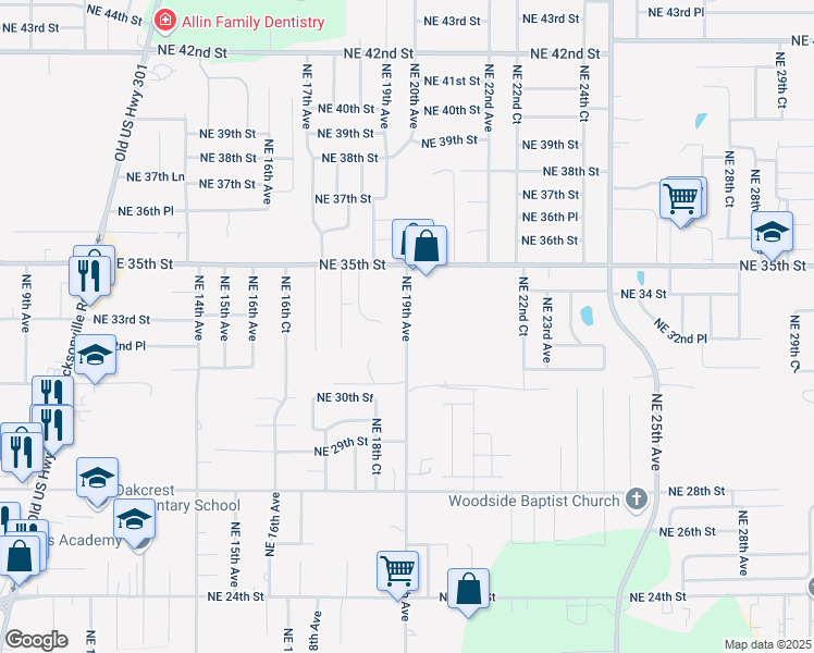 map of restaurants, bars, coffee shops, grocery stores, and more near Northeast 19th Avenue in Ocala