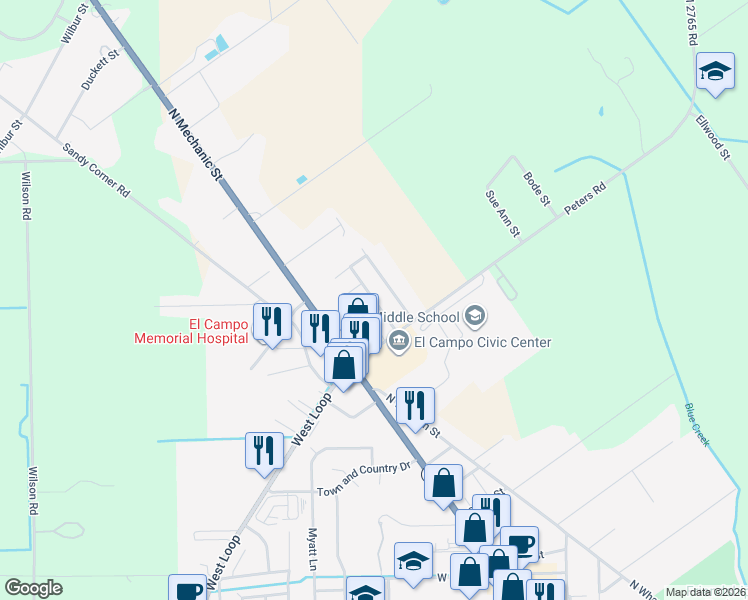 map of restaurants, bars, coffee shops, grocery stores, and more near 204 Gallery Court in El Campo