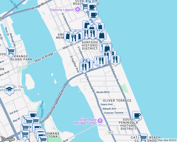 map of restaurants, bars, coffee shops, grocery stores, and more near 214 South Oleander Avenue in Daytona Beach