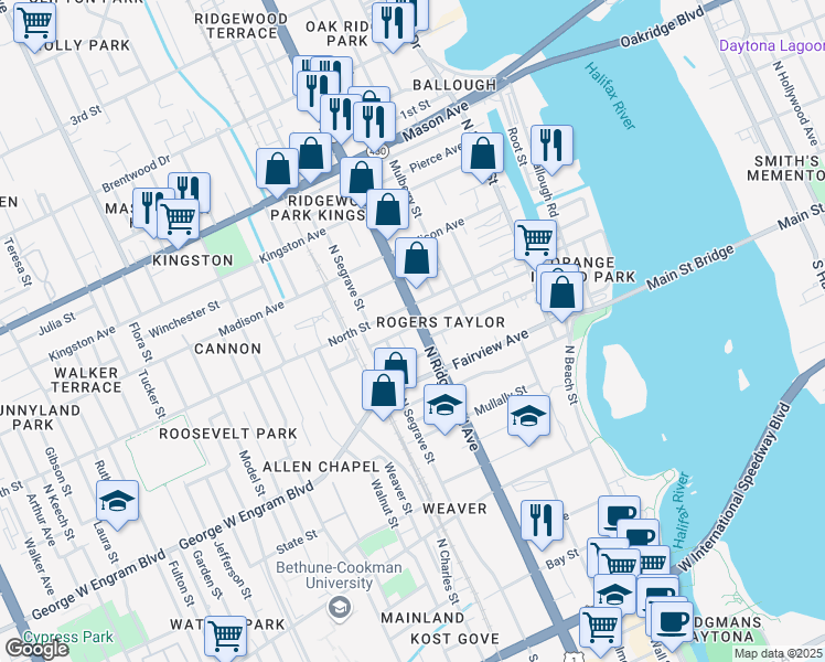 map of restaurants, bars, coffee shops, grocery stores, and more near 558 North Ridgewood Avenue in Daytona Beach