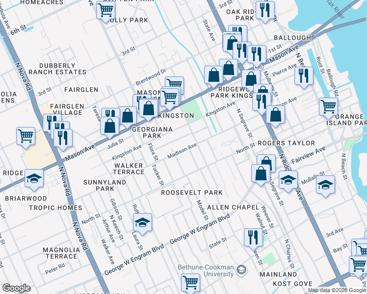map of restaurants, bars, coffee shops, grocery stores, and more near 708 Washington Street in Daytona Beach