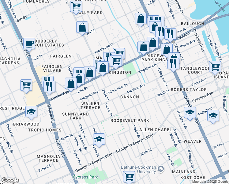map of restaurants, bars, coffee shops, grocery stores, and more near 676 Winchester Street in Daytona Beach
