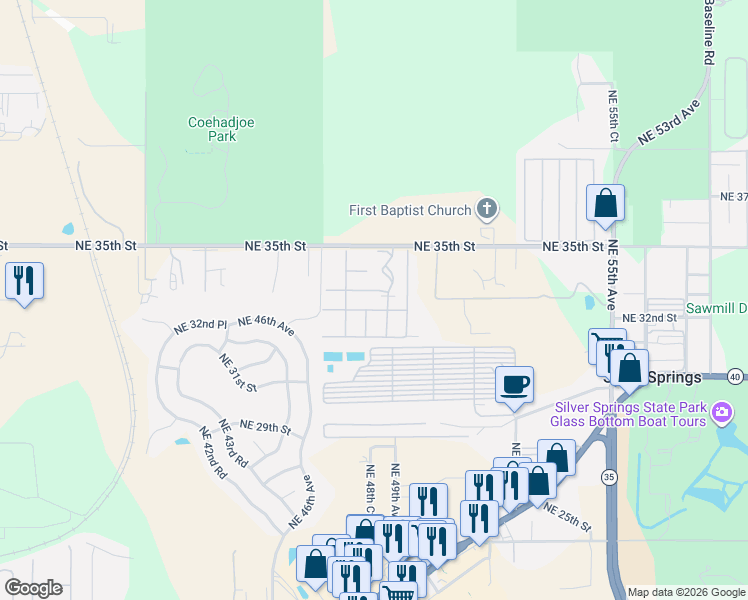 map of restaurants, bars, coffee shops, grocery stores, and more near 3227 Northeast 47th Terrace in Silver Springs