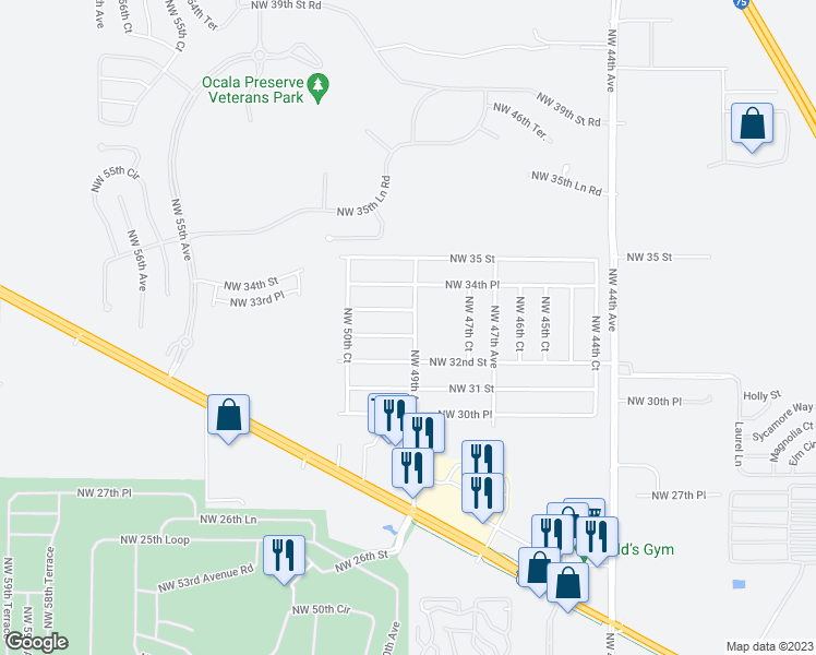 map of restaurants, bars, coffee shops, grocery stores, and more near 3373 NW 49th Ave in Ocala