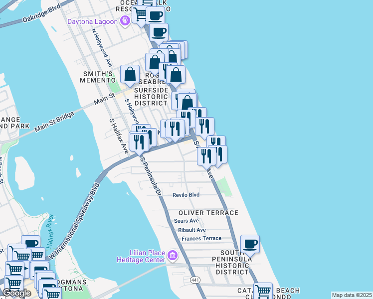 map of restaurants, bars, coffee shops, grocery stores, and more near 730 East International Speedway Boulevard in Daytona Beach