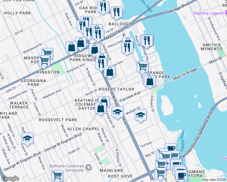 map of restaurants, bars, coffee shops, grocery stores, and more near 558 North Ridgewood Avenue in Daytona Beach