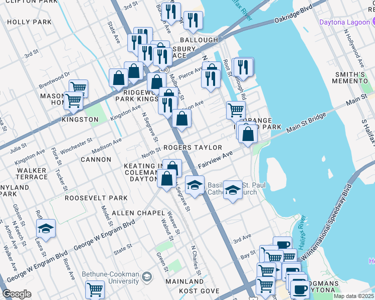 map of restaurants, bars, coffee shops, grocery stores, and more near 545 North Ridgewood Avenue in Daytona Beach