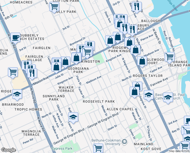 map of restaurants, bars, coffee shops, grocery stores, and more near 708 Washington Street in Daytona Beach