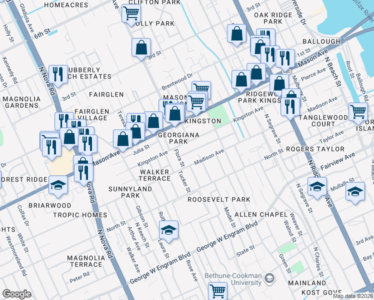 map of restaurants, bars, coffee shops, grocery stores, and more near 721 Kingston Avenue in Daytona Beach