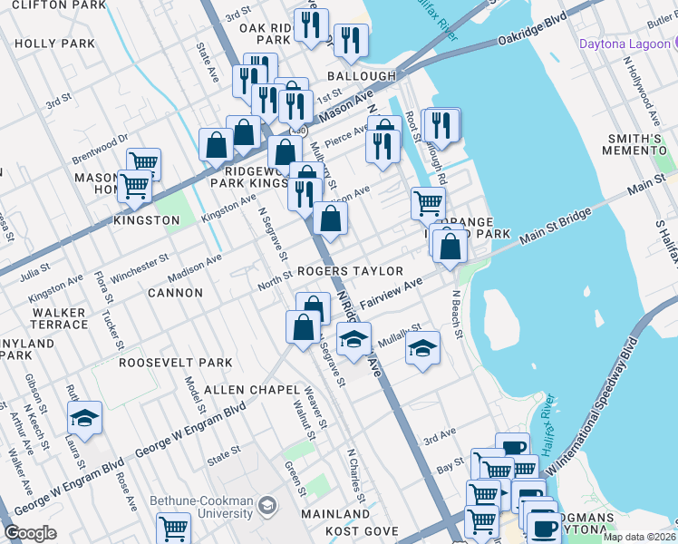 map of restaurants, bars, coffee shops, grocery stores, and more near 547 North Ridgewood Avenue in Daytona Beach