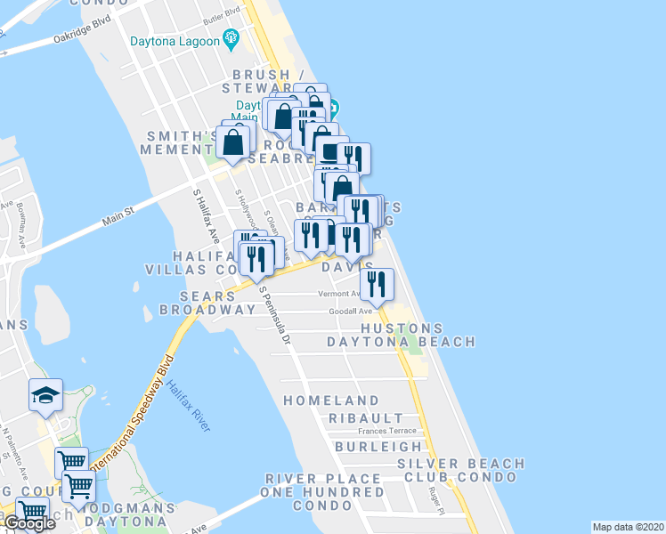 map of restaurants, bars, coffee shops, grocery stores, and more near 612 East International Speedway Boulevard in Daytona Beach