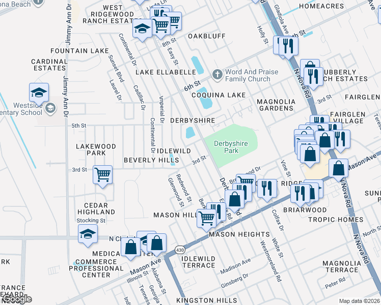map of restaurants, bars, coffee shops, grocery stores, and more near 1021 Lewis Drive in Daytona Beach