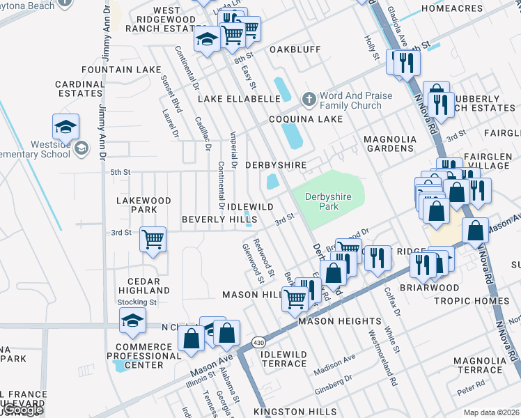 map of restaurants, bars, coffee shops, grocery stores, and more near 1021 Lewis Drive in Daytona Beach