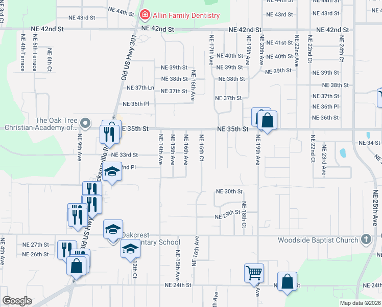 map of restaurants, bars, coffee shops, grocery stores, and more near 3313 Northeast 16th Avenue in Ocala