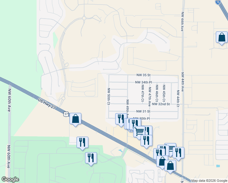 map of restaurants, bars, coffee shops, grocery stores, and more near 4996 Northwest 33rd Lane in Ocala