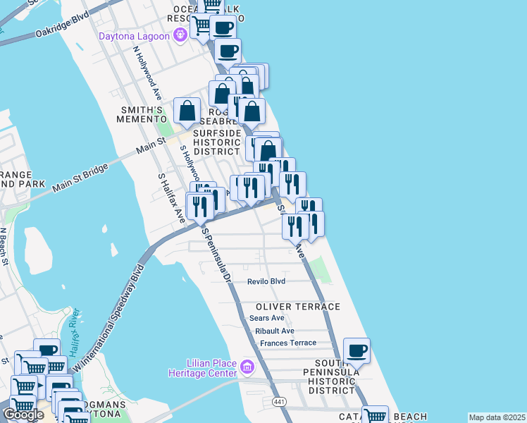 map of restaurants, bars, coffee shops, grocery stores, and more near 730 East International Speedway Boulevard in Daytona Beach