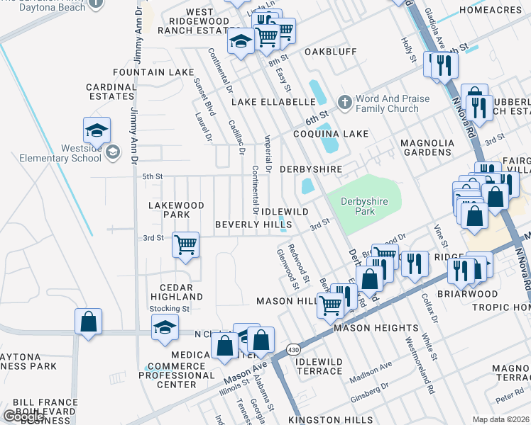 map of restaurants, bars, coffee shops, grocery stores, and more near 1029 Continental Drive in Daytona Beach
