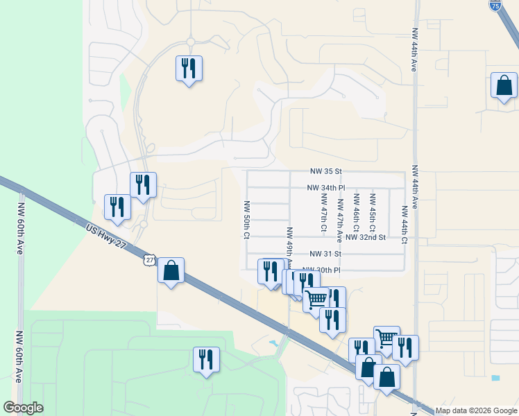 map of restaurants, bars, coffee shops, grocery stores, and more near 4996 Northwest 33rd Lane in Ocala