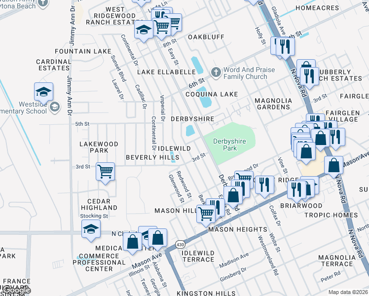 map of restaurants, bars, coffee shops, grocery stores, and more near 1021 Lewis Drive in Daytona Beach